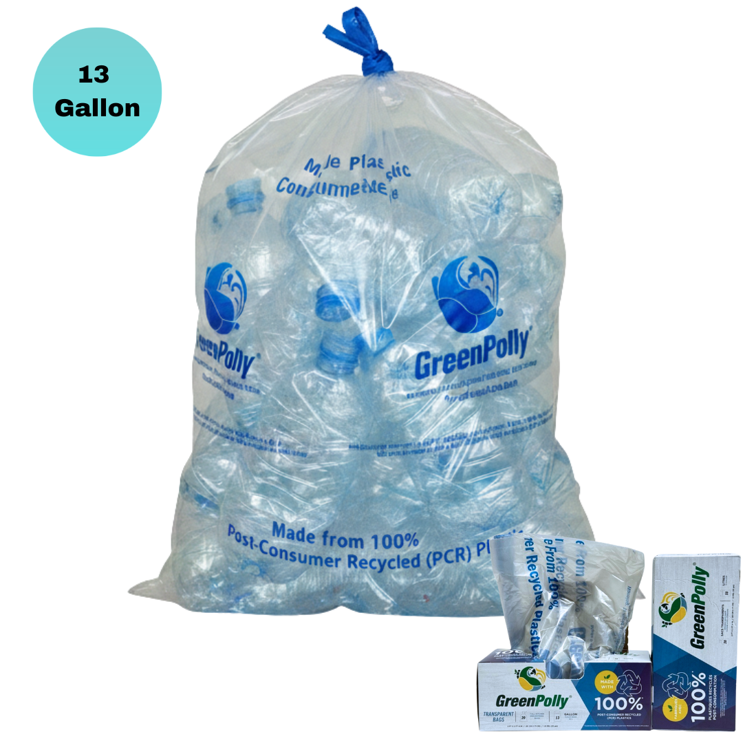 13 Gallon Clear Tall Kitchen Drawstring Trash Bags, 100% Recycled Plastic