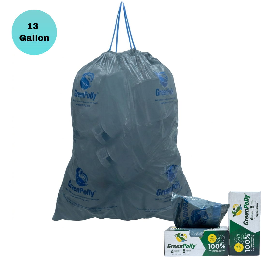 13 Gallon Opaque Gray Blue Tall Kitchen Drawstring Trash Bags, 100% Recycled Plastic