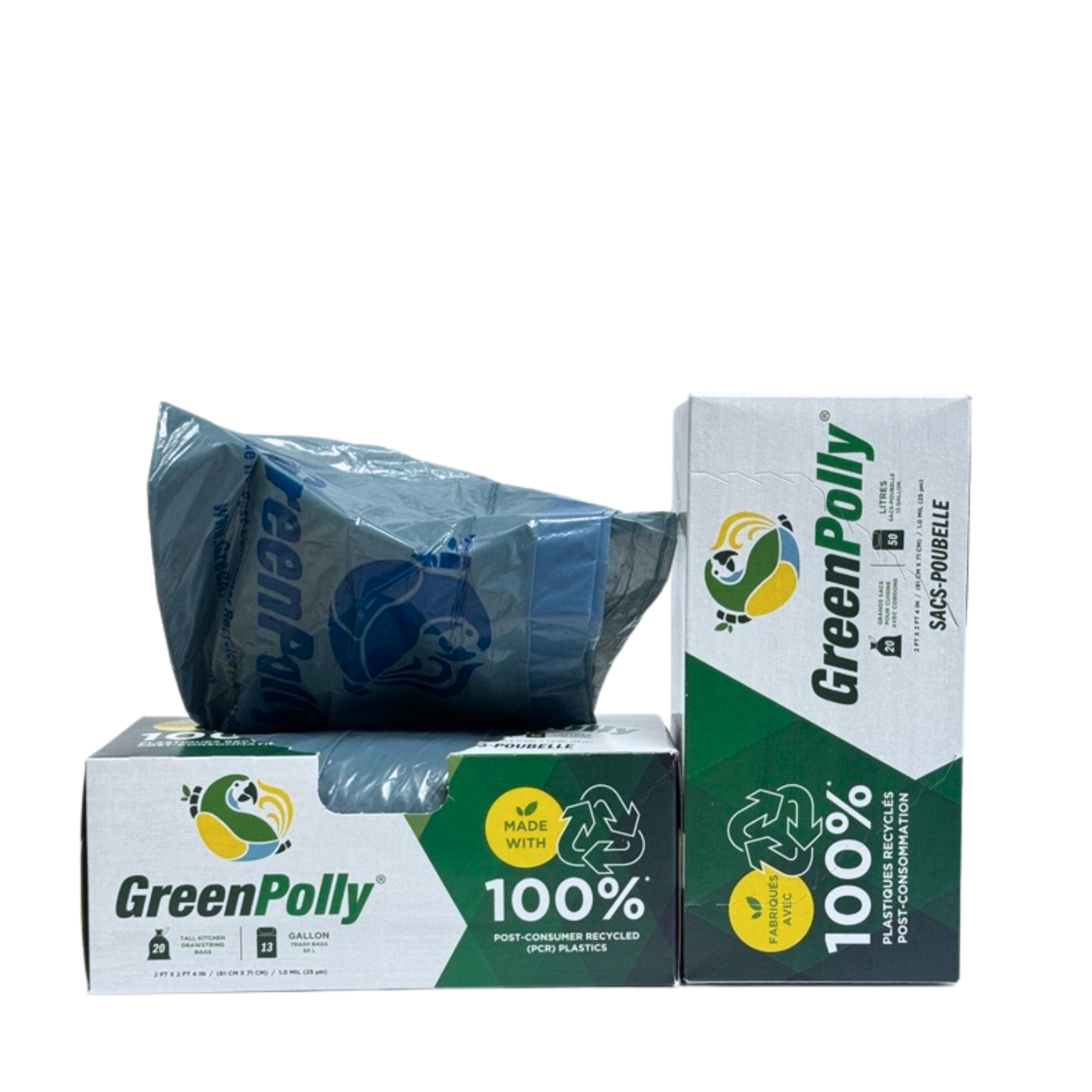 13 Gallon Opaque Gray Blue Tall Kitchen Drawstring Trash Bags, 100% Recycled Plastic