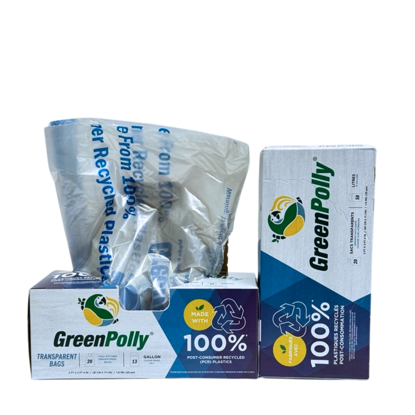 13 Gallon Clear Tall Kitchen Drawstring Trash Bags, 100% Recycled Plastic