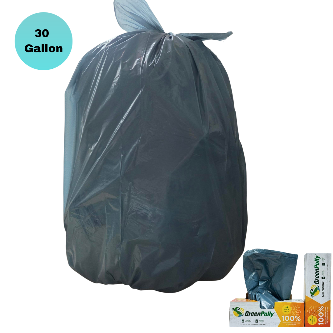 30 Gallon Opaque Gray Blue Wavetop Trash Bags, 100% Recycled Plastic