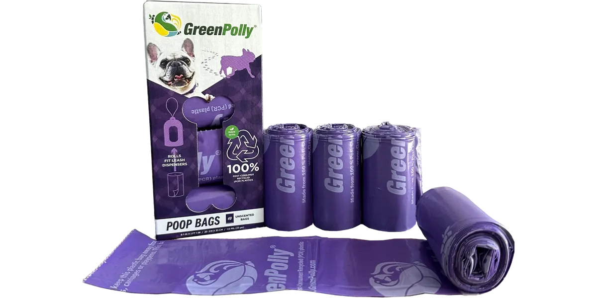 Purple dog poop bags with packaging labeled 'GreenPolly' on a white background